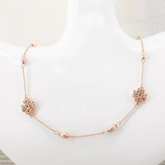 Tory Burch Gemstones and Pearl Necklace Rose Gold OS - Picture 5 of 12